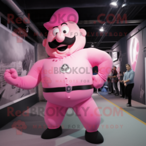 Pink Strongman mascot costume character dressed with a Bodysuit and Hat pins