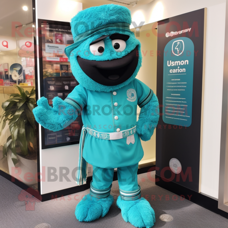 Turquoise Guinness mascot costume character dressed with a Bermuda Shorts and Cummerbunds