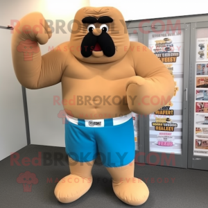 Tan Boxing Glove mascot costume character dressed with a Jumpsuit and Suspenders