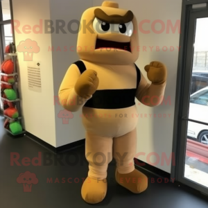 Tan Boxing Glove mascot costume character dressed with a Jumpsuit and Suspenders