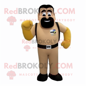 Tan Boxing Glove mascot costume character dressed with a Jumpsuit and Suspenders