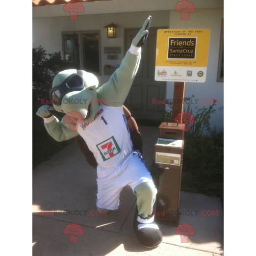 Green and brown turtle mascot with aviator glasses -