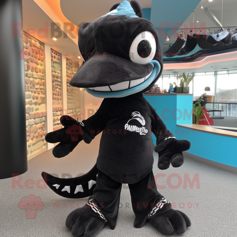 Black Barracuda mascot costume character dressed with a Playsuit and Beanies