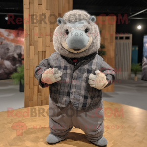 Gray Glyptodon mascot costume character dressed with a Flannel Shirt and Gloves