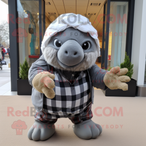 Gray Glyptodon mascot costume character dressed with a Flannel Shirt and Gloves
