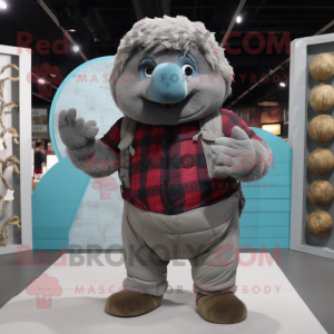 Gray Glyptodon mascot costume character dressed with a Flannel Shirt and Gloves