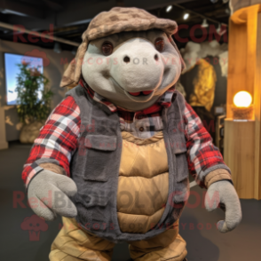 Gray Glyptodon mascot costume character dressed with a Flannel Shirt and Gloves