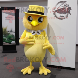 Lemon Yellow Hawk mascot costume character dressed with a Sheath Dress and Hat pins