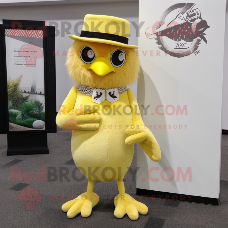 Lemon Yellow Hawk mascot costume character dressed with a Sheath Dress and Hat pins Lemon Yellow Hawk mascot costume character dressed with a Sheath Dress and Hat pins