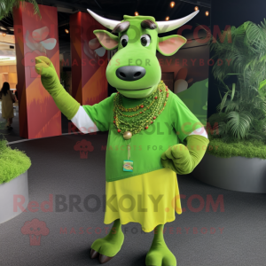 Lime Green Zebu mascot costume character dressed with a Blouse and Bracelets