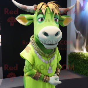 Lime Green Zebu mascot costume character dressed with a Blouse and Bracelets