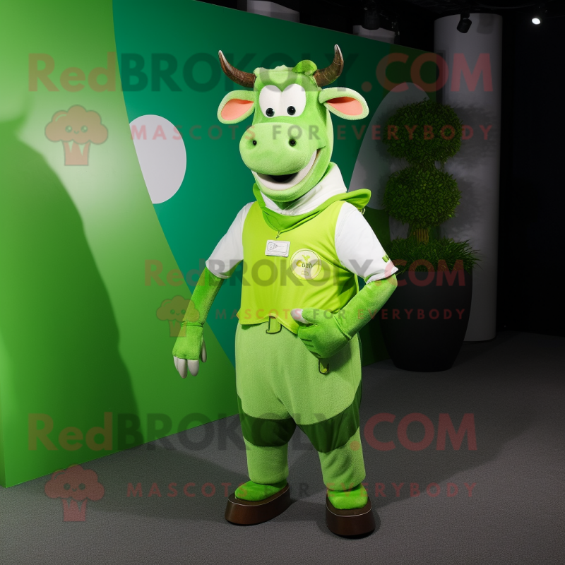 Lime Green Zebu mascot costume character dressed with a Blouse and Bracelets