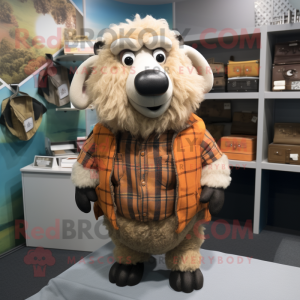 Tan Suffolk Sheep mascot costume character dressed with a Flannel Shirt and Brooches