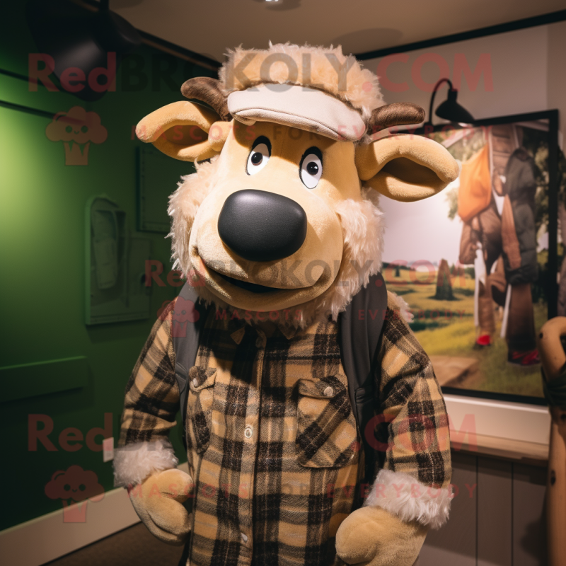 Tan Suffolk Sheep mascot costume character dressed with a Flannel Shirt and Brooches