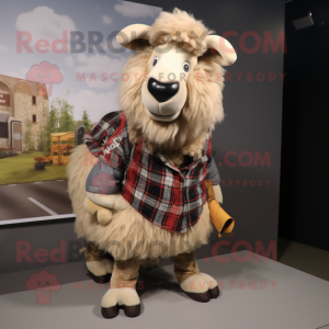 Tan Suffolk Sheep mascot costume character dressed with a Flannel Shirt and Brooches
