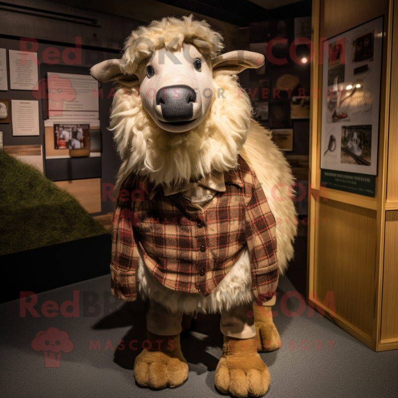 Tan Suffolk Sheep mascot costume character dressed with a Flannel Shirt and Brooches