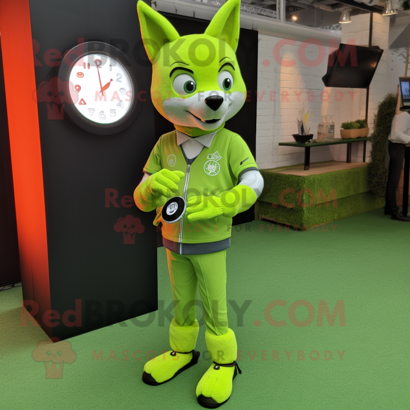 Lime Green Fox mascot costume character dressed with a Skinny Jeans and Smartwatches