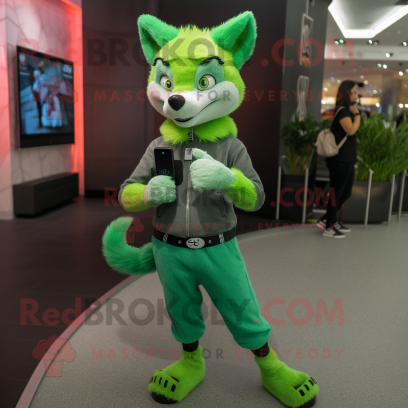 Lime Green Fox mascot costume character dressed with a Skinny Jeans and Smartwatches