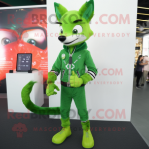 Lime Green Fox mascot costume character dressed with a Skinny Jeans and Smartwatches