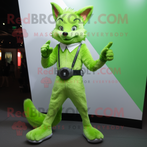 Lime Green Fox mascot costume character dressed with a Skinny Jeans and Smartwatches