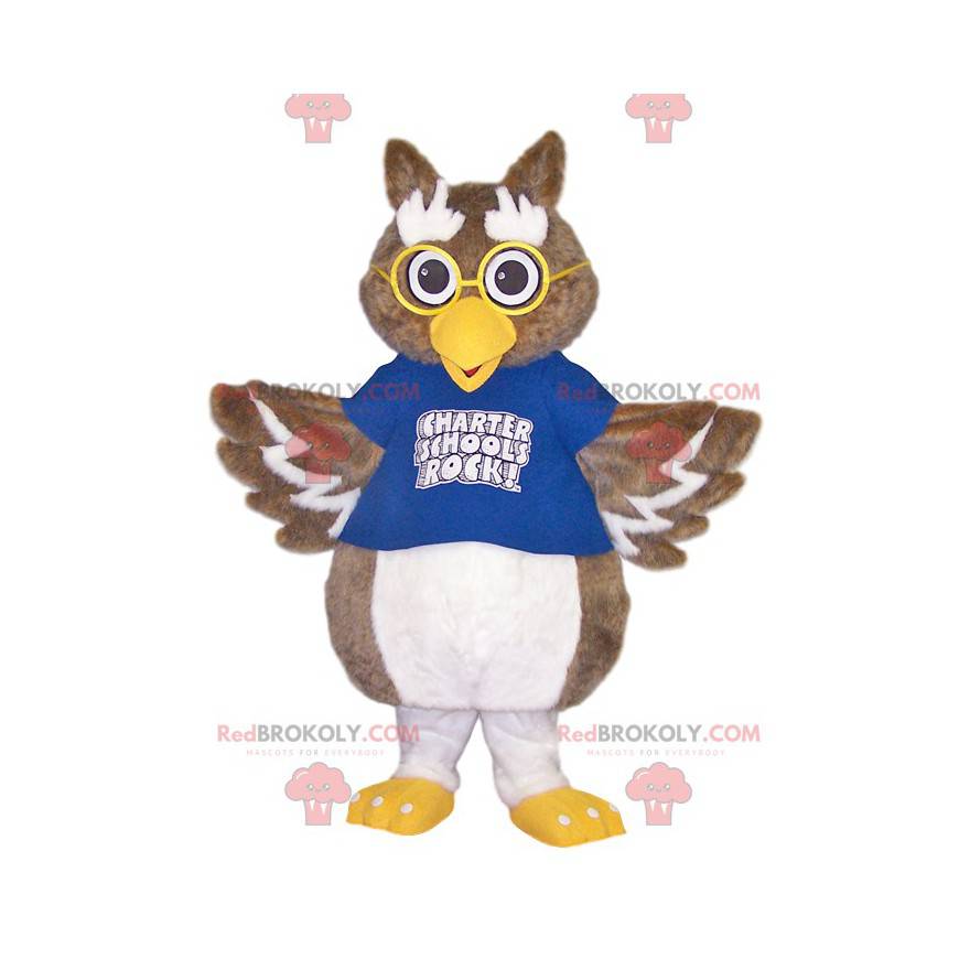 Mascote da coruja com uma camisa azul e óculos - Redbrokoly.com