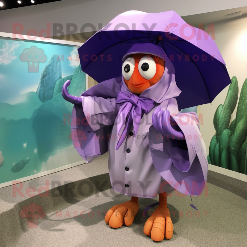 Lavender Hermit Crab mascot costume character dressed with a Raincoat and Bow ties