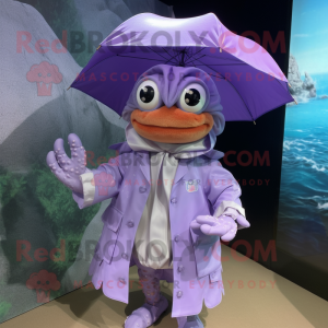 Lavender Hermit Crab mascot costume character dressed with a Raincoat and Bow ties