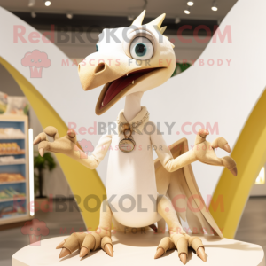 Beige Pterodactyl mascot costume character dressed with a Poplin Shirt and Necklaces