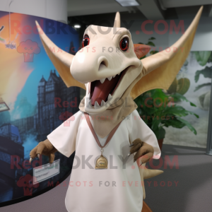 Beige Pterodactyl mascot costume character dressed with a Poplin Shirt and Necklaces