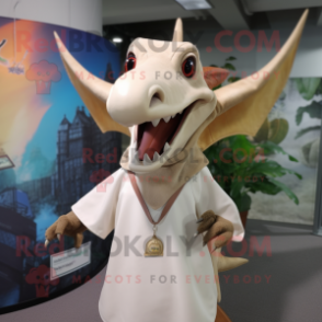 Beige Pterodactyl mascot costume character dressed with a Poplin Shirt and Necklaces