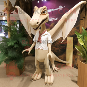 Beige Pterodactyl mascot costume character dressed with a Poplin Shirt and Necklaces