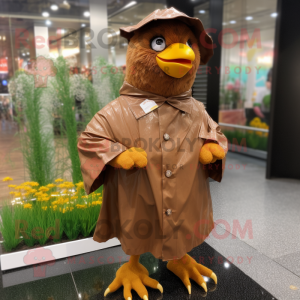 Brown Hens mascot costume character dressed with a Raincoat and Cufflinks