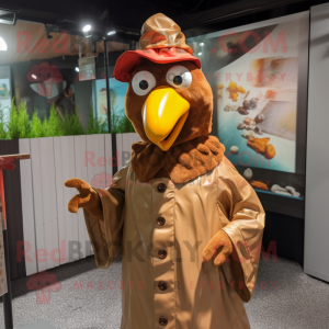 Brown Hens mascot costume character dressed with a Raincoat and Cufflinks