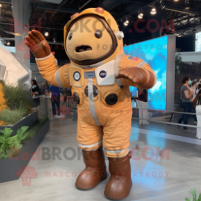 Brown Astronaut mascot costume character dressed with a Chambray Shirt and Foot pads