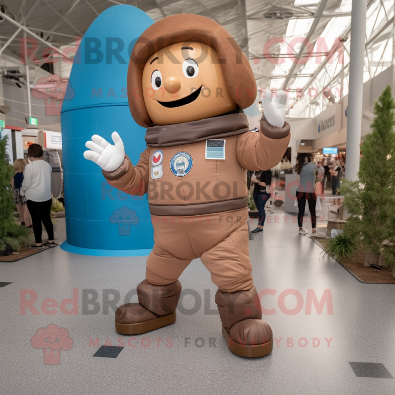 Brown Astronaut mascot costume character dressed with a Chambray Shirt and Foot pads Brown Astronaut mascot costume character dressed with a Chambray Shirt and Foot pads
