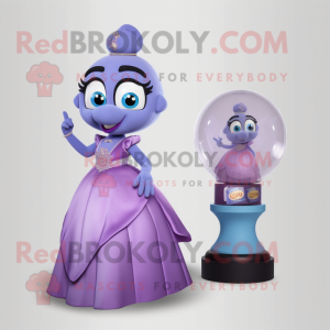 Lavender Hourglass mascot costume character dressed with a Ball Gown and Coin purses