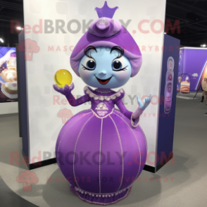 Lavender Hourglass mascot costume character dressed with a Ball Gown and Coin purses