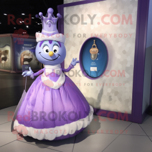 Lavender Hourglass mascot costume character dressed with a Ball Gown and Coin purses