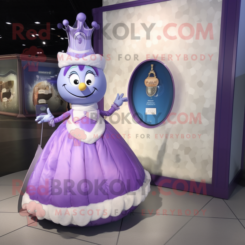 Lavender Hourglass mascot costume character dressed with a Ball Gown and Coin purses Lavender Hourglass mascot costume character dressed with a Ball Gown and Coin purses