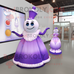 Lavender Hourglass mascot costume character dressed with a Ball Gown and Coin purses