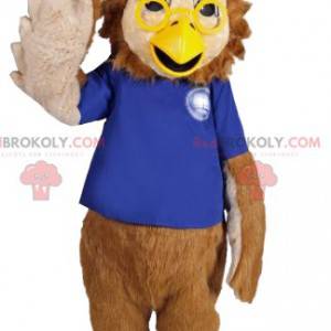 Mascote da coruja com uma camisa azul e óculos - Redbrokoly.com
