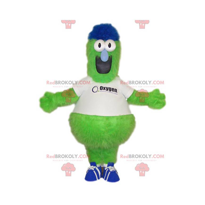 Mascotte de monstre vert fluo rigolo avec un maillot blanc -