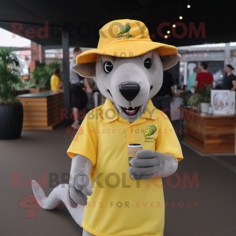Lemon Yellow Thylacosmilus mascot costume character dressed with a V-Neck Tee and Hats Lemon Yellow Thylacosmilus mascot costume character dressed with a V-Neck Tee and Hats