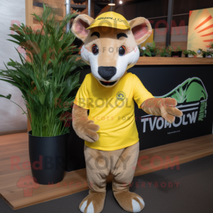 Lemon Yellow Thylacosmilus mascot costume character dressed with a V-Neck Tee and Hats