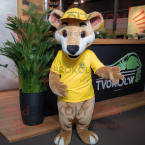 Lemon Yellow Thylacosmilus mascot costume character dressed with a V-Neck Tee and Hats