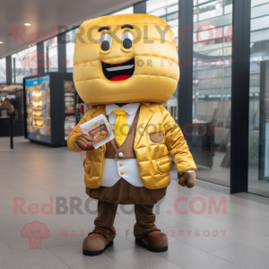 Gold Burgers mascot costume character dressed with a Waistcoat and Pocket squares