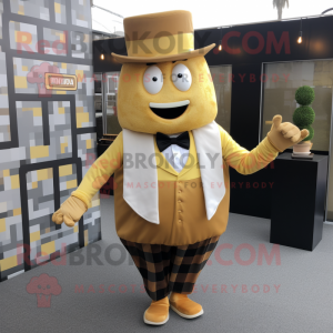 Gold Burgers mascot costume character dressed with a Waistcoat and Pocket squares
