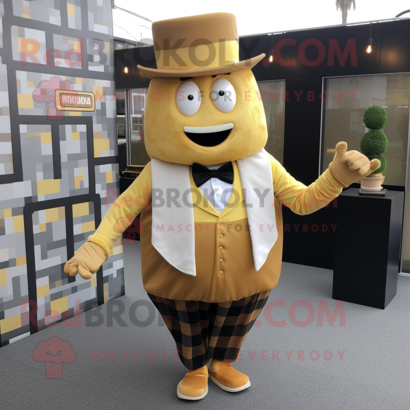 Gold Burgers mascot costume character dressed with a Waistcoat and Pocket squares Gold Burgers mascot costume character dressed with a Waistcoat and Pocket squares