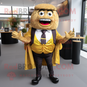 Gold Burgers mascot costume character dressed with a Waistcoat and Pocket squares