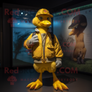 Yellow Dodo Bird mascot costume character dressed with a Bomber Jacket and Hat pins